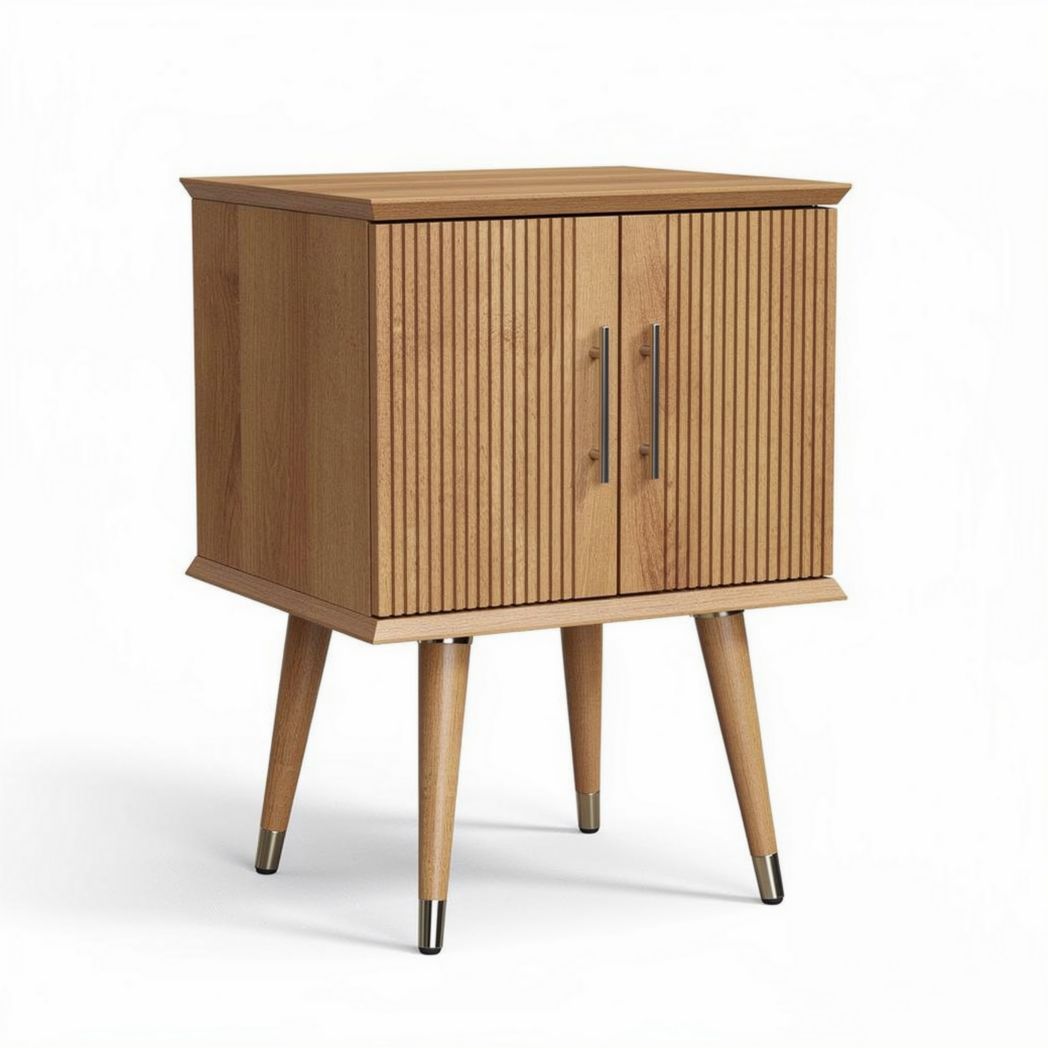 Wooden side table cabinet with ribbed doors 60 x 40 x 75cm natural finish