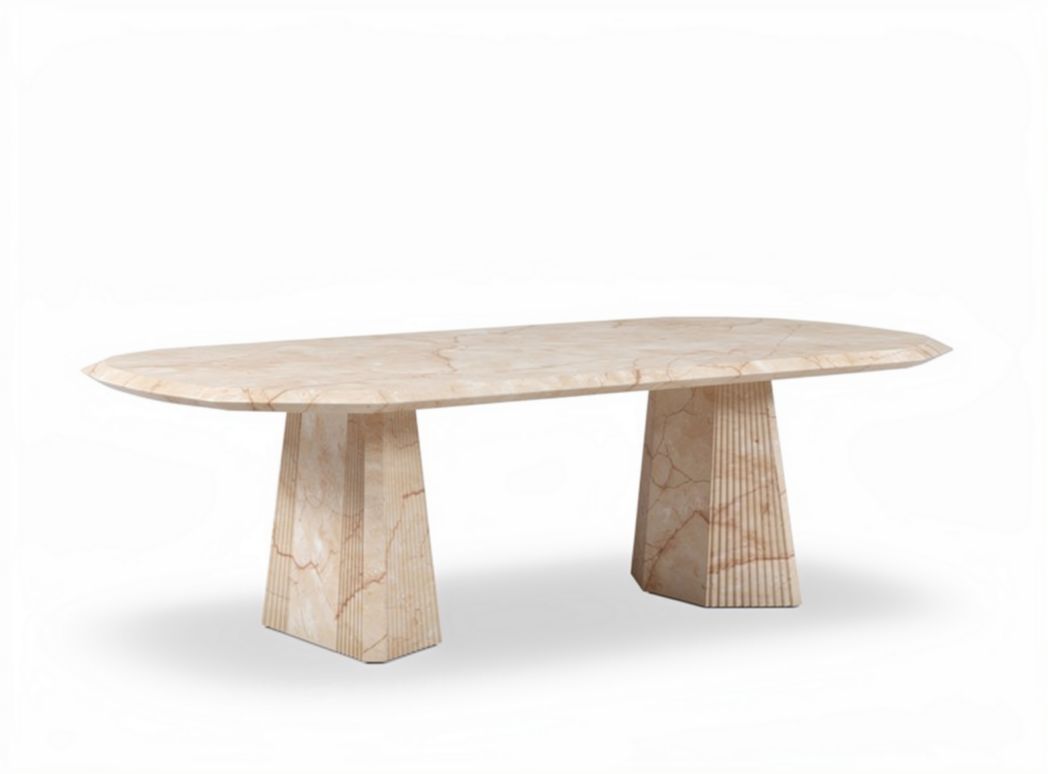 Marble dining table with oval top and fluted base in cream color