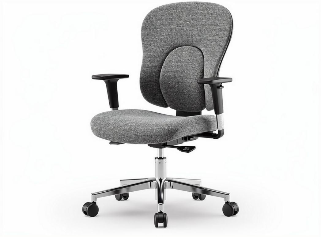 Ergonomic office chair with adjustable armrests and gray fabric upholstery