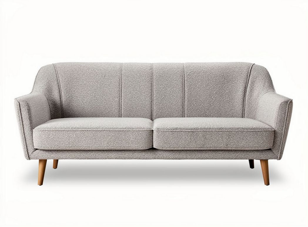 Linen upholstered two-seater sofa with wooden legs in light gray color