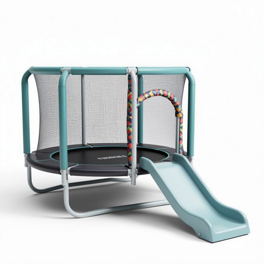 Kids trampoline with safety net and slide 180 x 180 x 100cm in teal and grey