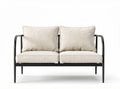 Outdoor loveseat with padded cushions and metal frame in beige color