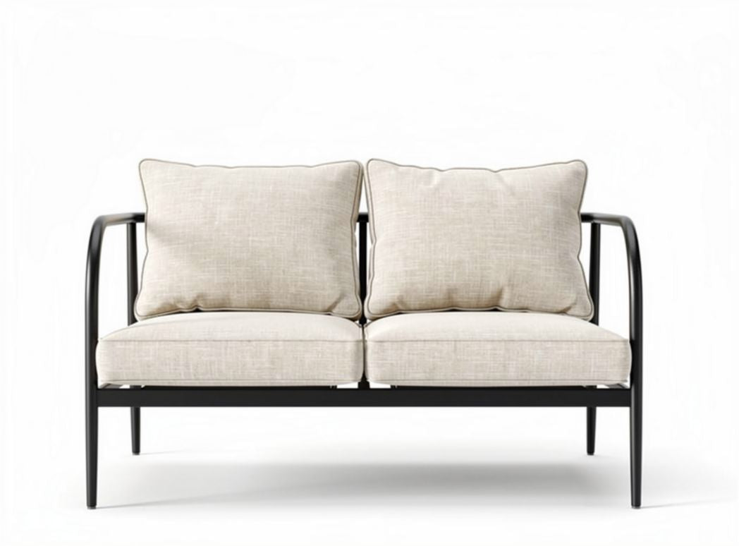 Outdoor loveseat with padded cushions and metal frame in beige color